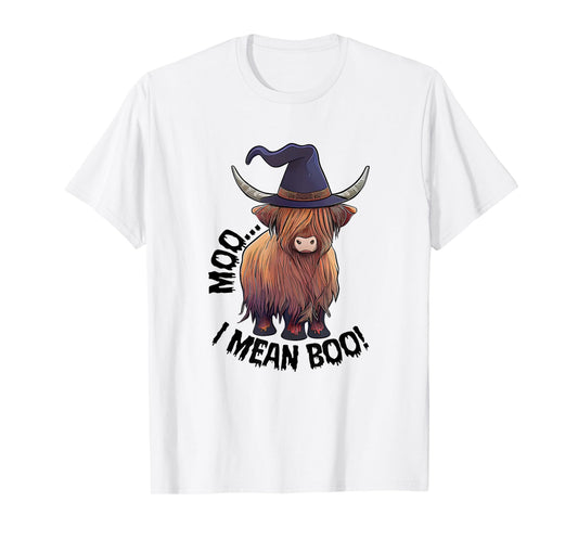 Moo I Mean Boo Halloween Highland Cow Witch Cow Lover Farm T-Shirt