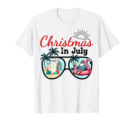 Vacation Christmas In July Sunglasses Santa Flamingo Summer T-Shirt