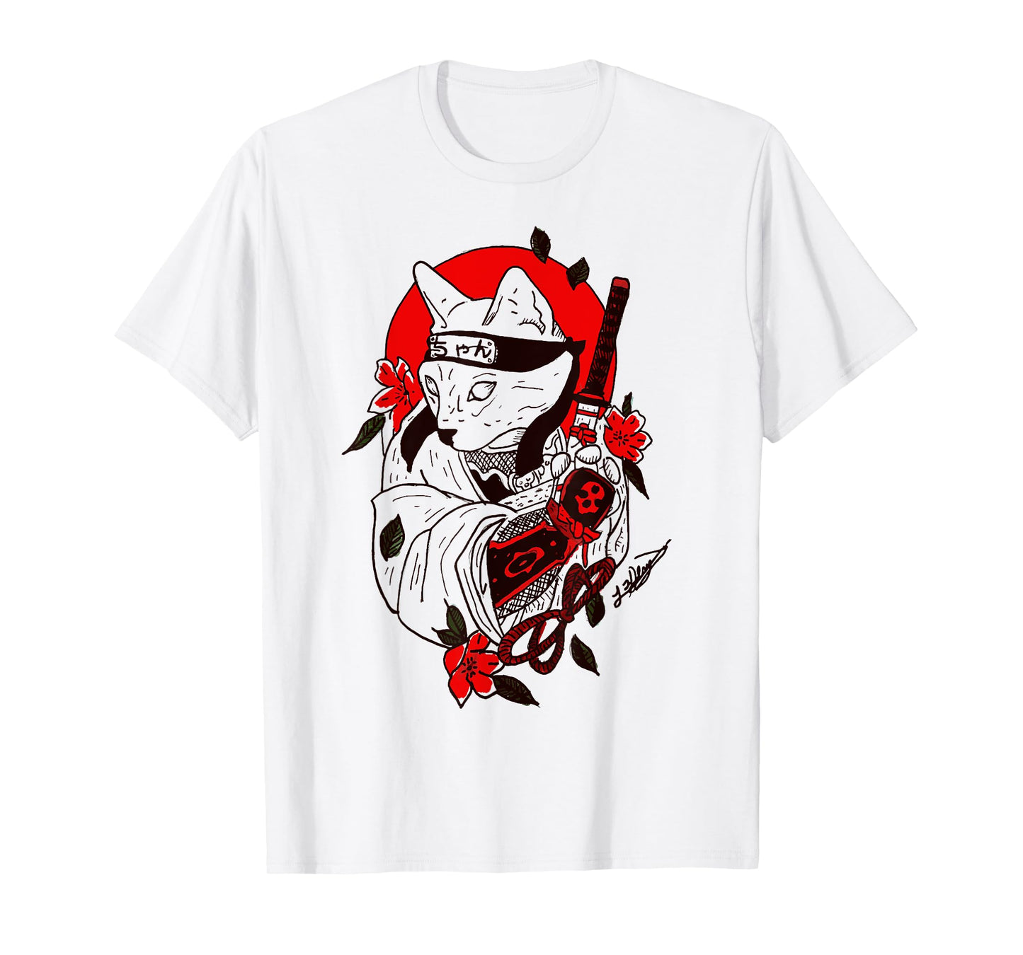 Japanese Samurai Cat Katana Ninja Kitty Tattoo Style T-Shirt