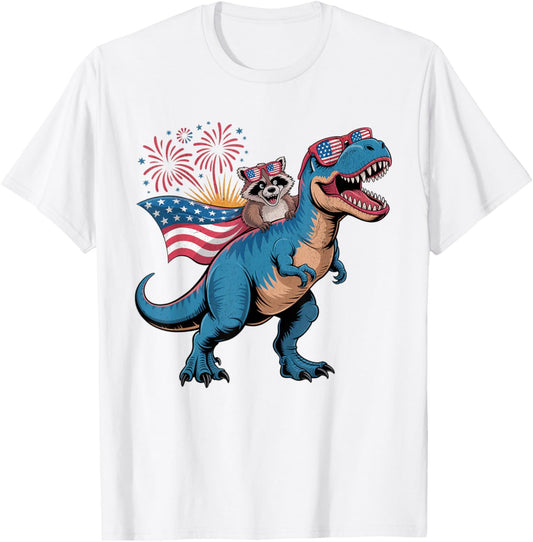 Funny Raccoon Riding T Rex 4th Of July US Flag Patriotic T-Shirt