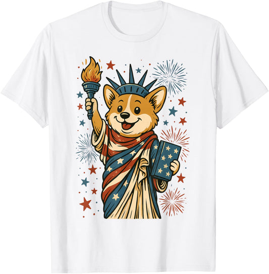 Funny Patriotic Statue of Liberty Corgi USA Flag 4th of July T-Shirt