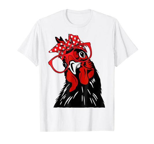 cute Women Girl Chicken With Bandana Headband and Glasses T-Shirt