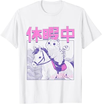 Kawaii Japanese Cat Riding Horse Vacation Anime Cat Lover Men Women Girls Kids T-Shirt
