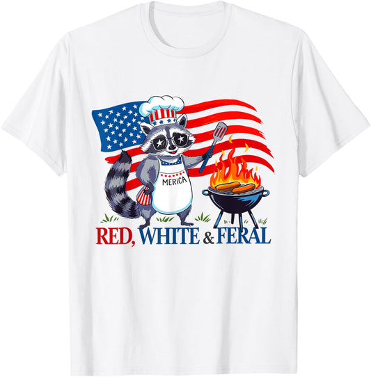 Red White And Feral Hot Dog Raccoon 4th Of July Trash Panda T-Shirt