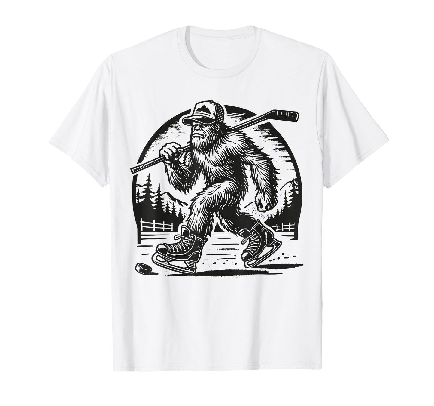 Retro Bigfoot Hockey Funny Sasquatch Bigfoot Playing Hockey T-Shirt