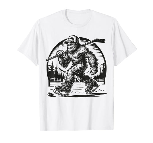 Retro Bigfoot Hockey Funny Sasquatch Bigfoot Playing Hockey T-Shirt