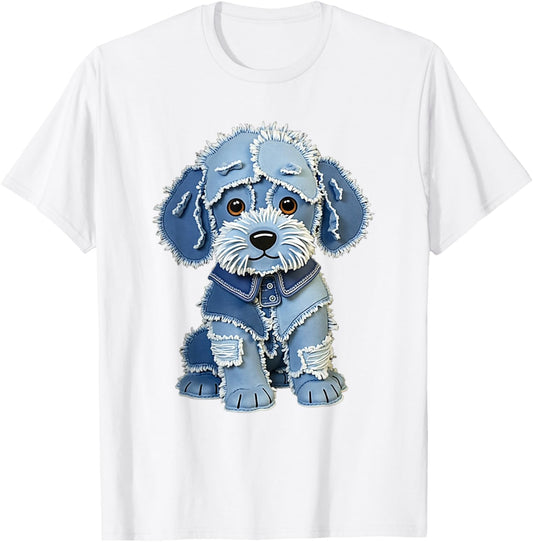 Retro Funny Denim Patch Animal Dog Print T-Shirt