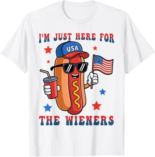 Hotdog I'm Just Here For Wieners 4th Of July USA Flag BBQ T-Shirt