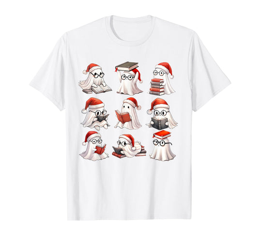Christmas Ghost Reading Book Lovers Spooky Ghost Santa Hat T-Shirt