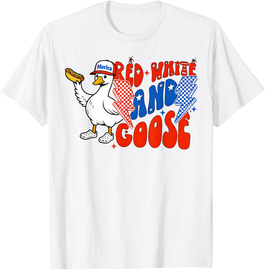 Red White And Feral Funny Goose Hotdog 4th Of July Patriotic T-Shirt