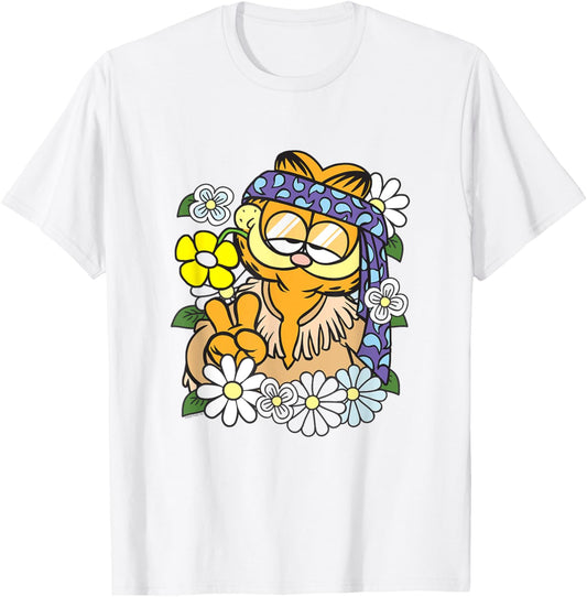 Garfield Hippie with Flowers Retro Cat Cartoon T-Shirt