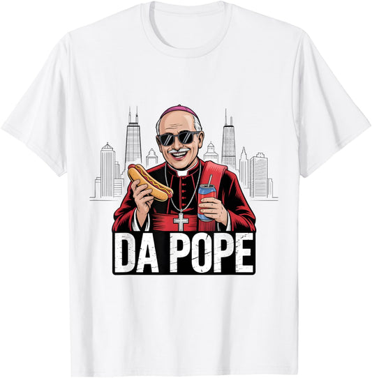 Da Pope Funny Chicago Hot Dog Beer Catholic Humor Skyline T-Shirt