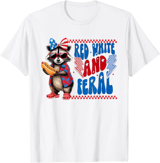 Funny Red White And Feral 4th Of July Raccoon Hot Dog Cute T-Shirt