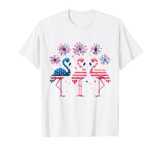 Patriotic Flamingo Firework Red And White Flamingo 4th July T-Shirt for Women Kids Men