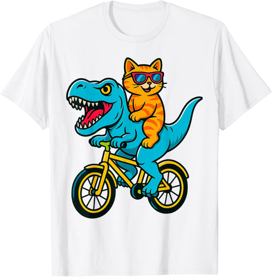 Art Dinosaur T-Rex Cat riding a bike Tyrannosaurus T-Shirt for Men Women Kids