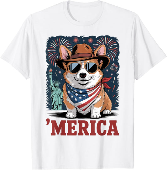 Patriotic Corgi 'Merica Funny 4th of July Corgi USA Flag T-Shirt
