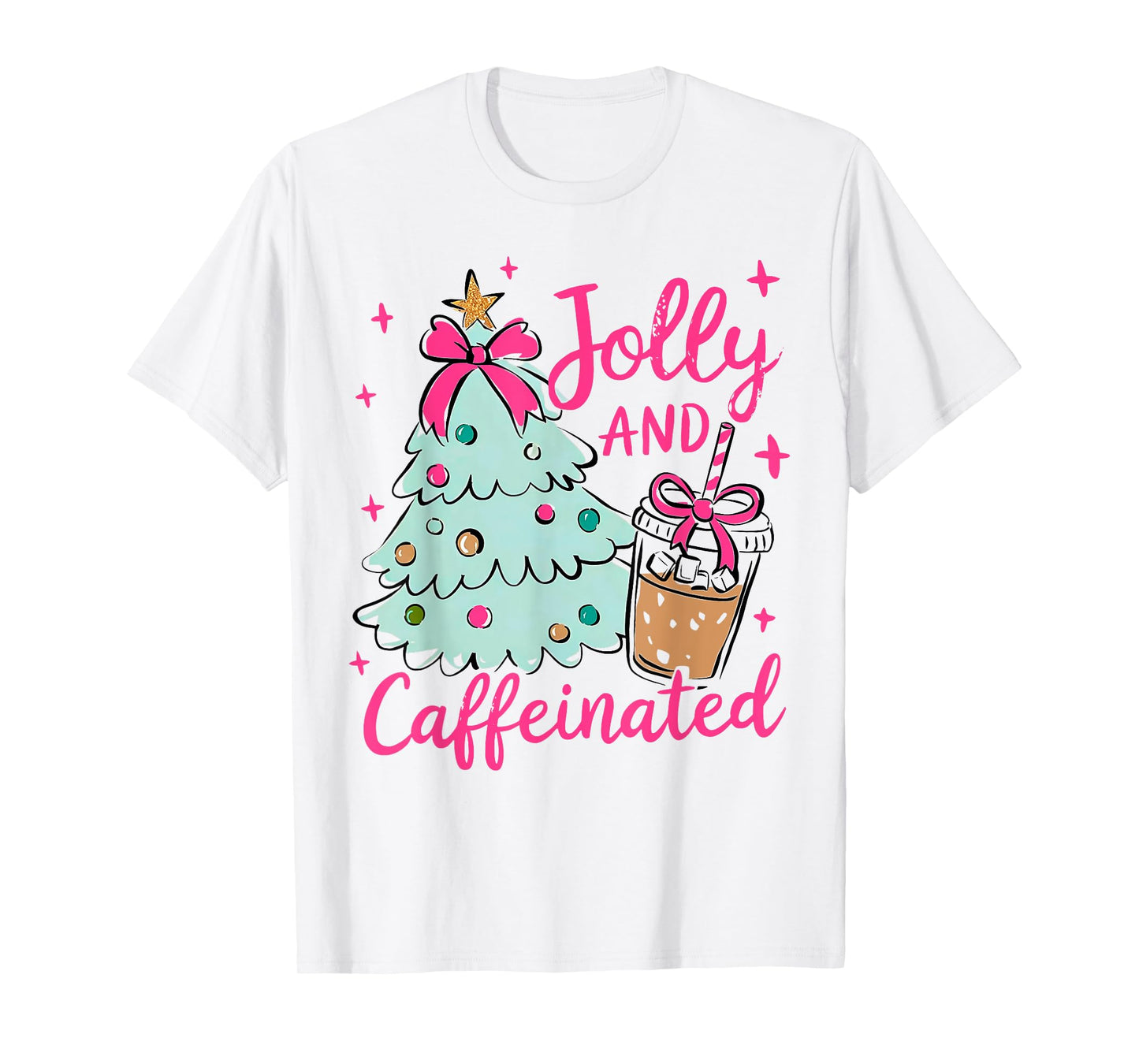 Jolly & Caffeinated Coffee Coquette Bow Xmas Tree Christmas T-Shirt