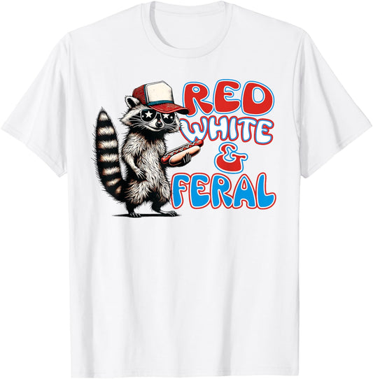 Funny Red White And Feral Raccoon 4th Of July Hot Dog Kids T-Shirt