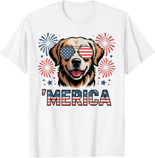 Golden Retriever Merica Dog Patriotic 4th of July USA T-Shirt