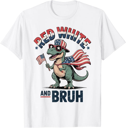 Toddler Red White Bruh Funny 4th July Dinosaur Patriotic Boy T-Shirt