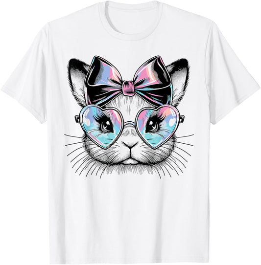 Cute Rabbit with Heart-Shaped Glasses and Bow T-Shirt