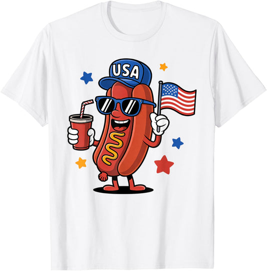 4th Of July Hotdog Sunglasses USA Flag Funny Patriotic BBQ T-Shirt