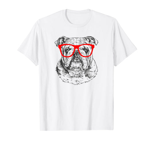English Bulldog in Red Glasses Nerd Dog T Shirt Men Women Kids T-Shirt