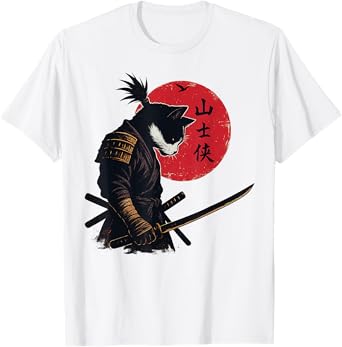 Samurai Cat Warrior Ukiyo Ink Japanese Vintage Samurai Cat T-Shirt