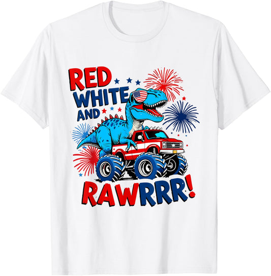 Red White and Rawr Dinosaur 4th Of July T Rex USA Patriotic T-Shirt