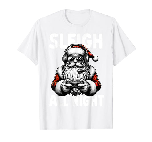 Christmas Gamer Boys Sleigh All Night Video Game Santa Xmas T-Shirt