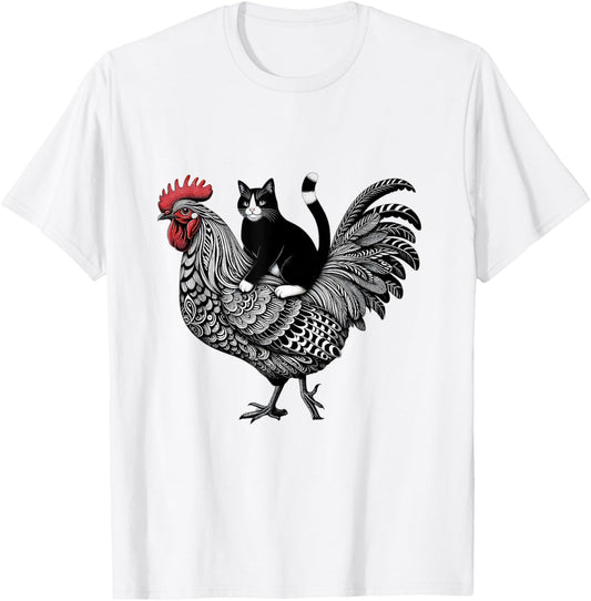 Funny Cat Riding Chicken Tuxedo Cat on a Chicken Lover T-Shirt