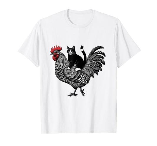 Funny Cat Riding Chicken Tuxedo Cat on a Chicken Lover Men Women T-Shirt