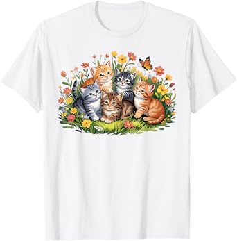 Floral Vintage Aesthetic Painted Kittens and Pressed Flower T-Shirt