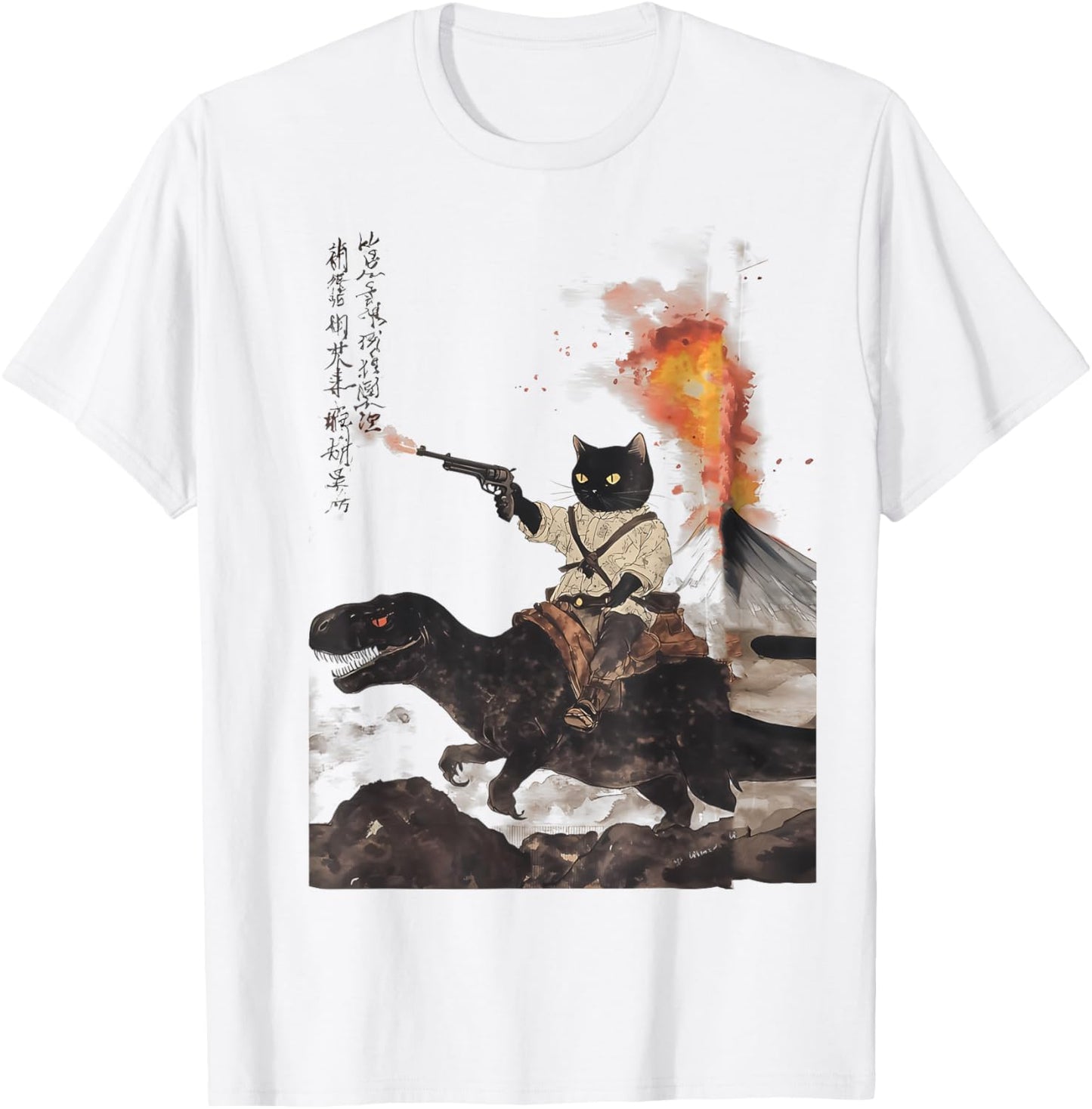 retro calligraphy cat dinosaur volcanic eruption art print T-Shirt