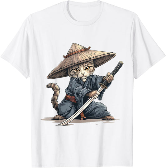 Japanese Art Cat Ninja Ukiyo-e Anime Style Samurai Cat T-Shirt