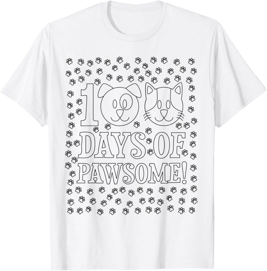 100 Days of School Coloring Activity Paw Print Cute Animals T-Shirt