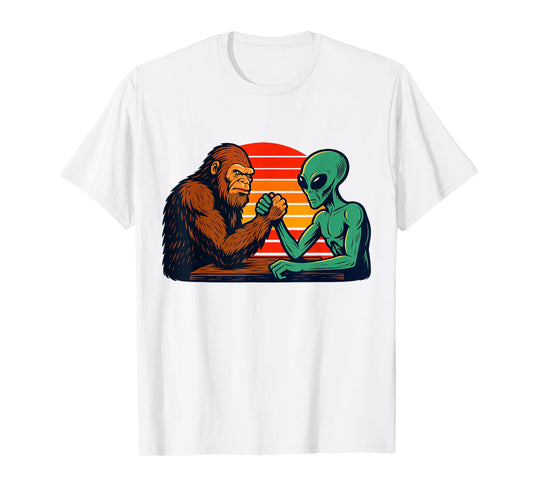 Funny Arm Wrestling Bigfoot Alien T-Shirt