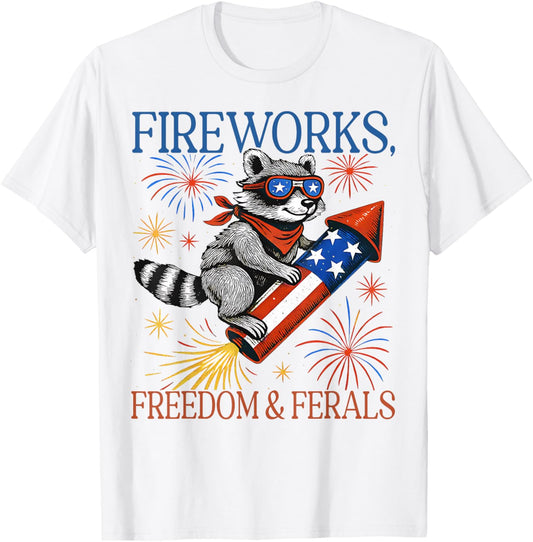 Fireworks Freedom And Ferals Funny Racoon 4th Of July Retro T-Shirt