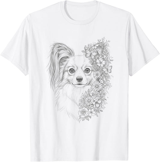 Floral Papillon Dog Flower And Butterflies Design For Women T-Shirt