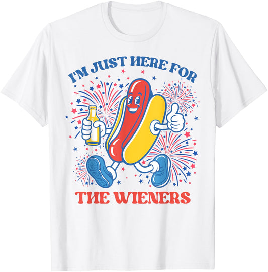 Retro Just Here For The Wieners 4th of July Funny Hot Dog T-Shirt