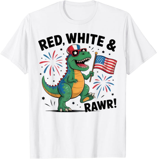 Red White And Rawr Dinosaur T Rex Fireworks 4th Of July T-Shirt