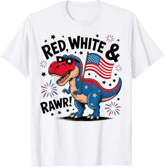 Red White and Rawr Dinosaur T Rex Patriotic 4th Of July T-Shirt