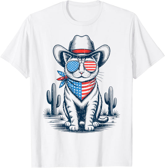 4th of July Patriotic Cowboy Cat Red Independence USA Flag T-Shirt