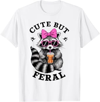 Cute But Feral Funny Colorful Racoon With Sunglasses Racoon T-Shirt, Small, White