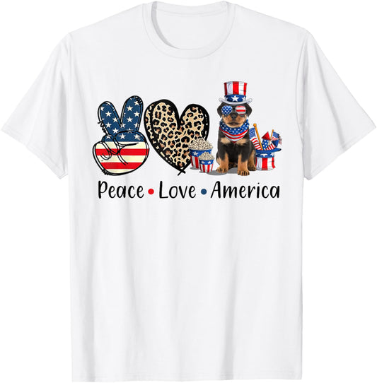 Peace Love Rottweiler Dog Patriotic America Flag 4th July T-Shirt