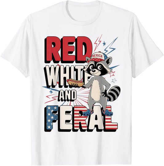 Red White And Feral Funny USA Raccoon Hotdog 4th Of July T-Shirt