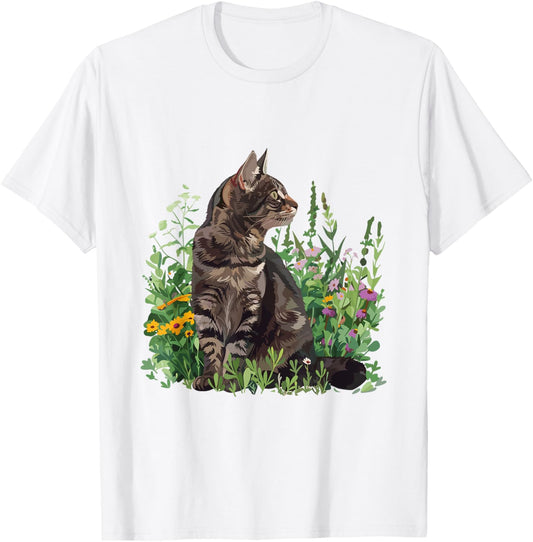 Cute Tabby Cat with Flowers Portrait Outdoor T-Shirt