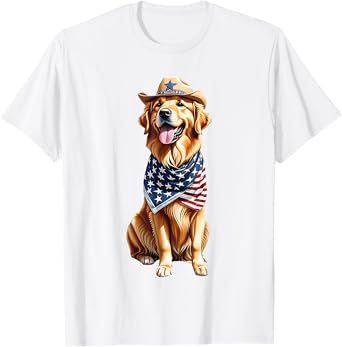 Western Golden Retriever Patriotic Dog 4th July US Flag T-Shirt for Men Women Kids