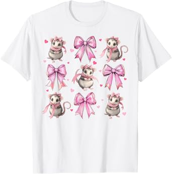 Coquette Bow Opossum Cute Pet Mom Girl Pink Mother's Day T-Shirt