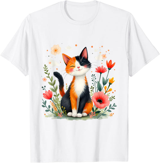 Smiling Calico Cat Cute Floral Kitten Cartoon Kitty Outdoors T-Shirt
